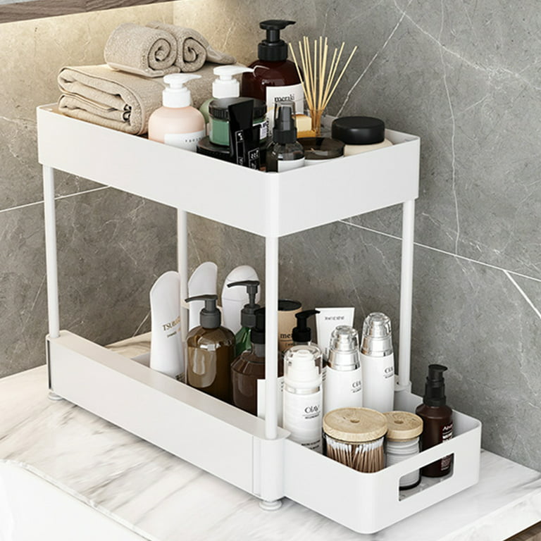 NYYTGE Under Sink Organizer Bathroom Cabinet Storage 2 Tier Rack with 4  Hooks, Baskets, Multi-purpose Shelf for Kitchen, Black Bottom Slide