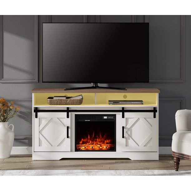 Fireplace TV Stand for TVs Up to 65 Inch, Farmhouse Wood Electric