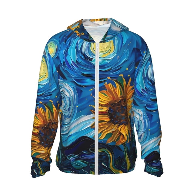 Vsdgher Starry Night Sunflower Field Print Adult Hoodie Shirts Rash Guard for Men Women,Long Sleeve Sun Protection Fishing Shirts for Athletic Running Swim-Medium