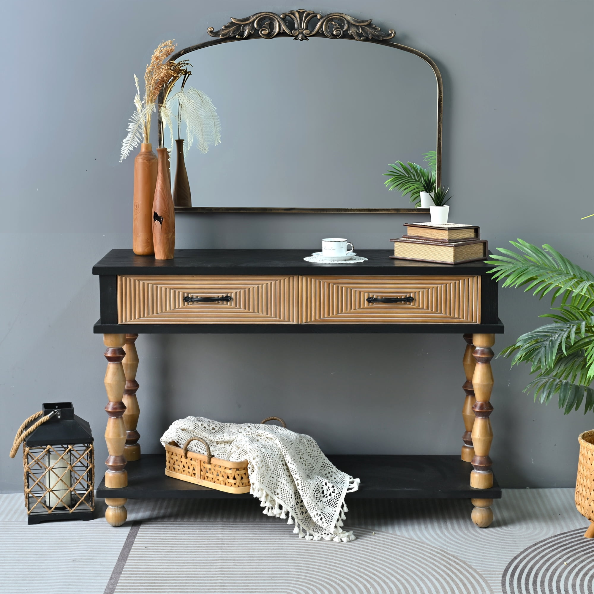 Leumius 47.64" Accent Rustic Carved Table, Rectangle Solid Wooden Console Table with Open Shelf and 2 Drawers for Kitchen, Dining Room, Living Room