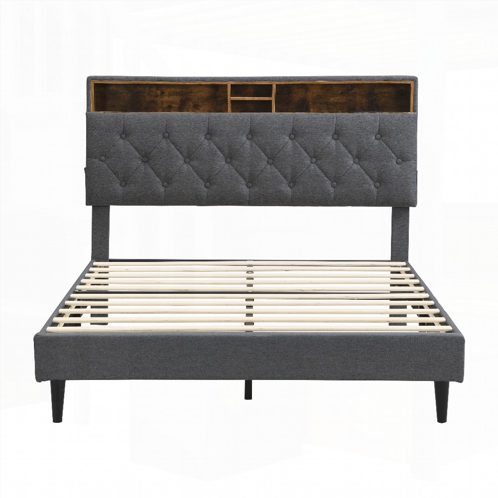 King Size Upholstered Platform Bed Frame with Modern Button-Tufted Linen Fabric Headboard,No Box Spring,Dark Grey for Bedroom