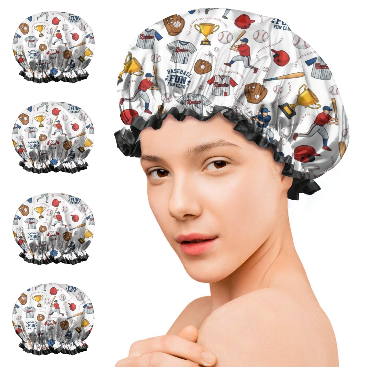 Shower Caps,White Baseball Elements Pattern Waterproof Shower Cap for Women 4 Pieces,Double Reusable Hair Cover for Shower PEVA Elastic Stretch Hem