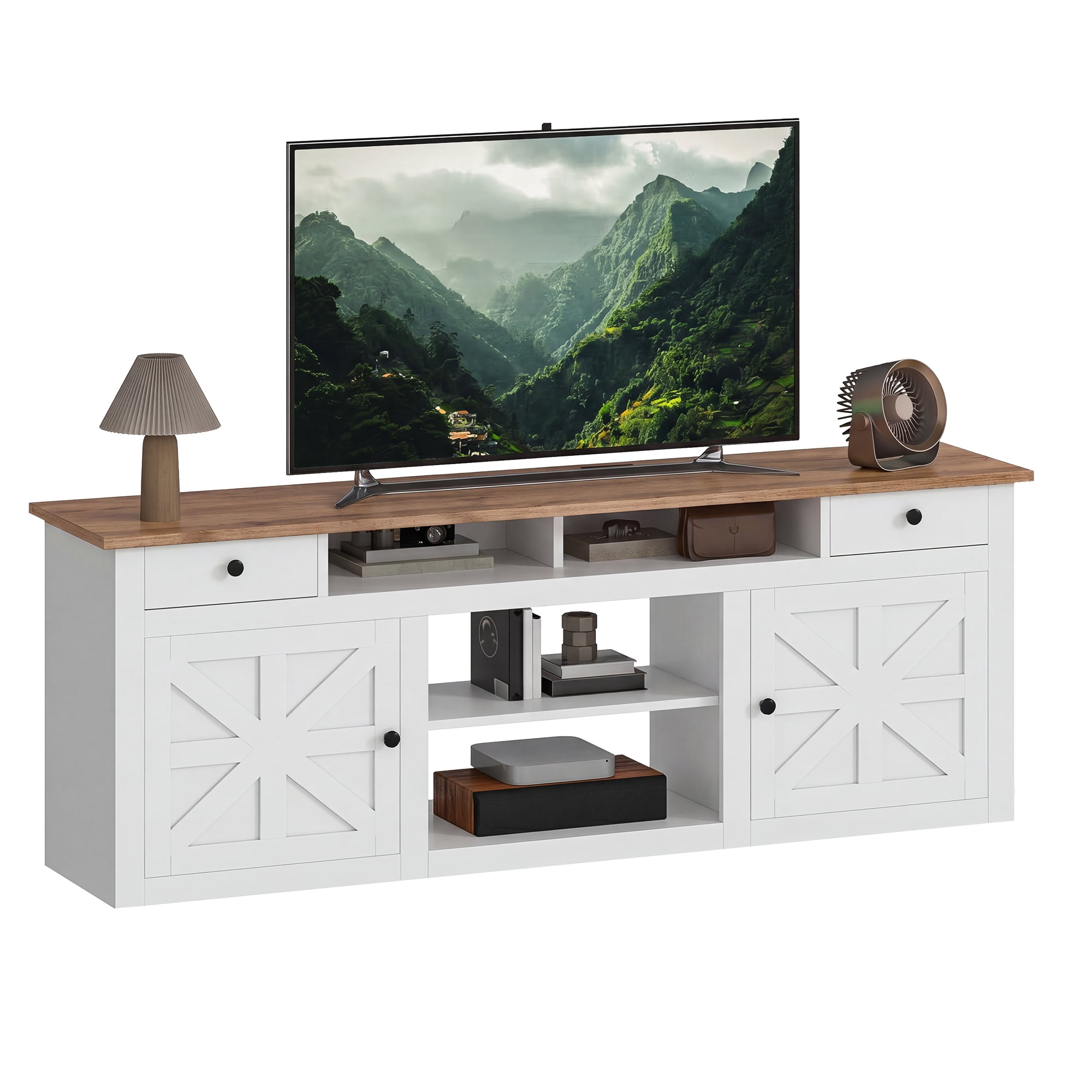 Uforic Farmhouse TV Stand for 75/80 Inch TV, Rustic Entertainment Center with Power Outlet, Storage Drawers, TV Console for Living Room, White