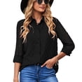 thumbnail image 1 of Blusa holgada de moda transpirable con botones y cuello vuelto de manga larga para mujer Negro M, 1 of 6