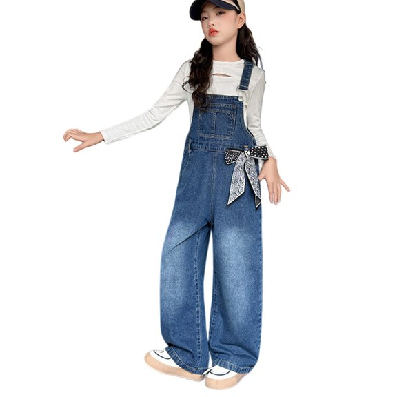 Ruyang Teen Girls Denim Overalls Vintage Bow Decor Adjustable Suspender Strap Straight Jean Jumpsuit Kids Fashion Back to School Bottoms