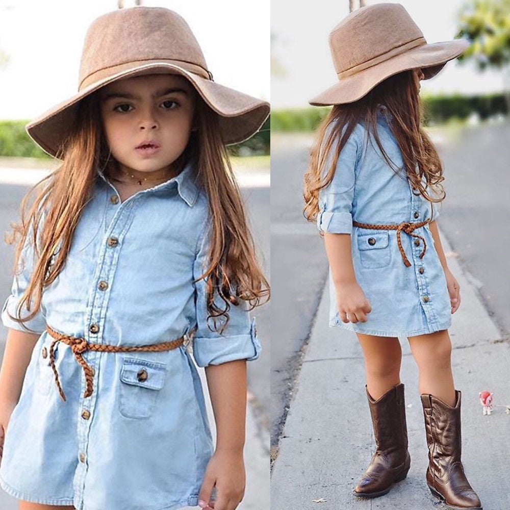 Toddler Kid Baby Girls Denim Ruched T-Shirt Tops Blouse Dress Casual Clothing jy 