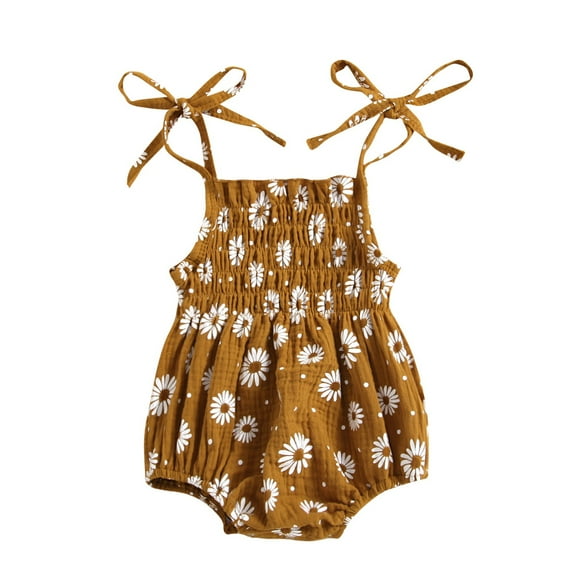 TOOYOU Girls Romper Kids Strap Print Floral Sleeveless Jumpsuit Holiday Pajama Playsuit Bodysuits For Toddler ,Size 0-6 Months Brown