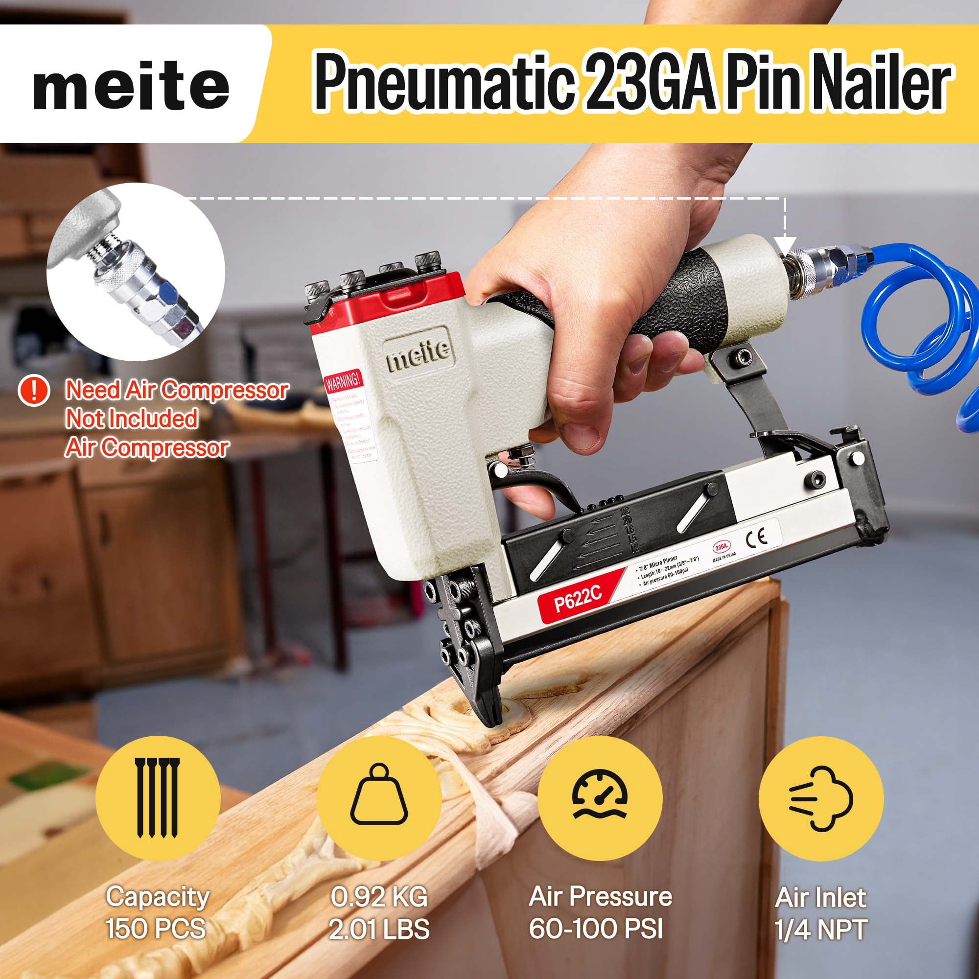 MEITE P622C Pneumatic Micro Headless Pin Nailer 23 Gauge 3/8" to 7/8" Length