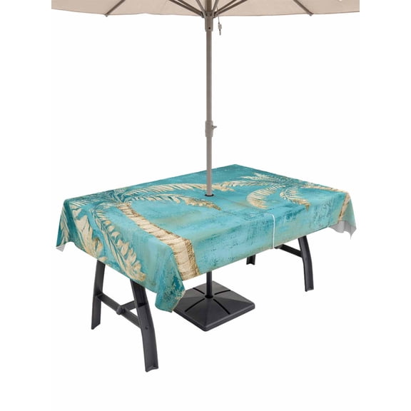 Outdoor Tablecloths with Umbrella Hole & Zipper, Coastal Beach Palm Tree Tablecloth Rectangle 60x84 Inch, Retro Teal Tropical Plant Summer Waterproof Table Cloth, Patio/Pool/Picnic Table Covers