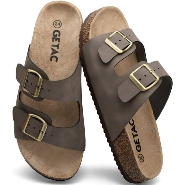 GETAC CHANCLAS MUJER, SANDALIAS HOMBRE con Plantilla de corcho Suela Antiderrapante EVA PANTUNFLAS Unisex, Broche hebilla con Correas ajustables Cómodas estilo casuales playa.,Café oscuro