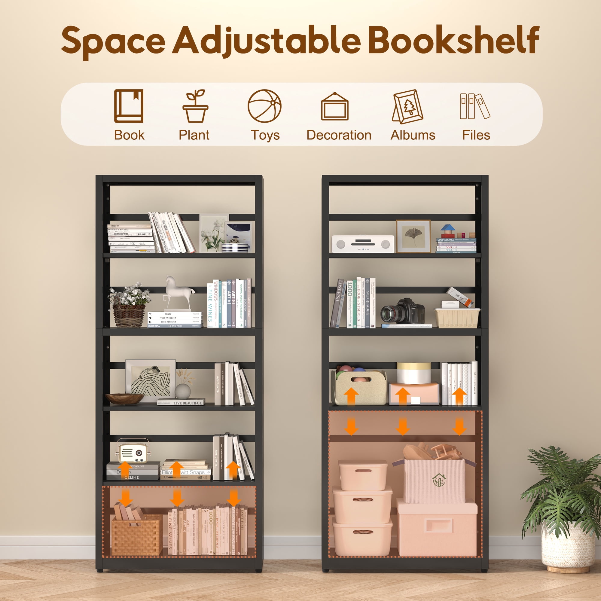 Polup 5-Tier Metal Shelves Bookcase with Bookends Industrial Adjustable Freestanding Black 1-Pack 55 in H x 23 in W