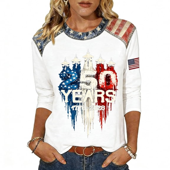 4th of July Shirts Women Loose 3/4 Sleeve American Flag Print Tshirts Round Neck Independence Day Patriotic Tunic Tops USA 250th Anniversary Celebration Party 1776-2026 Blouses, S