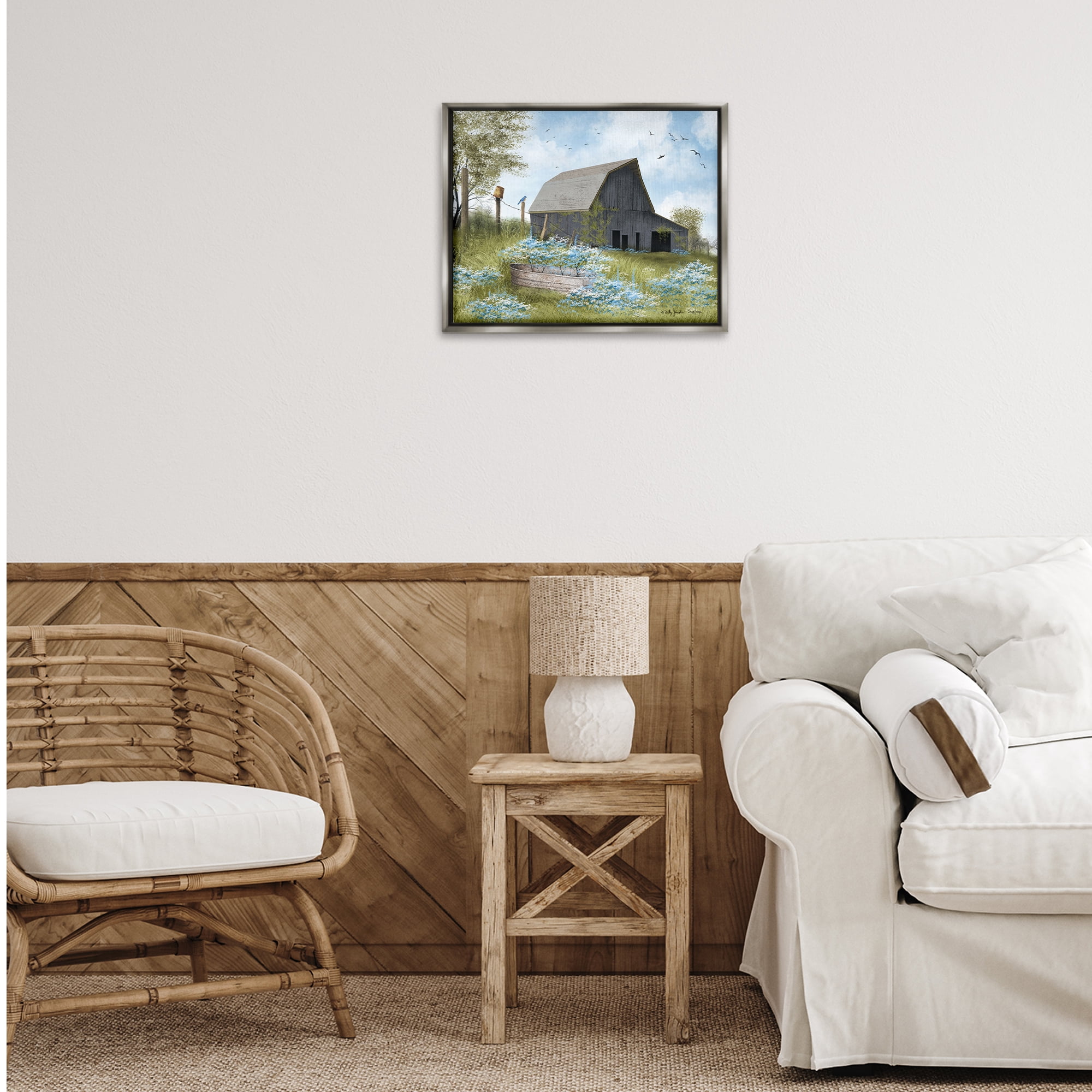 Stupell Industries Blue Floral Country Garden Landscape & Nature Painting Gray Floater Framed Canvas Art Print Wall Art, 21 x 17