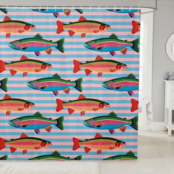 Manfei Cartoon Trout Shower Curtain 72Wx72L, Stripe Background Bathroom Curtain, Blue Pink Orange