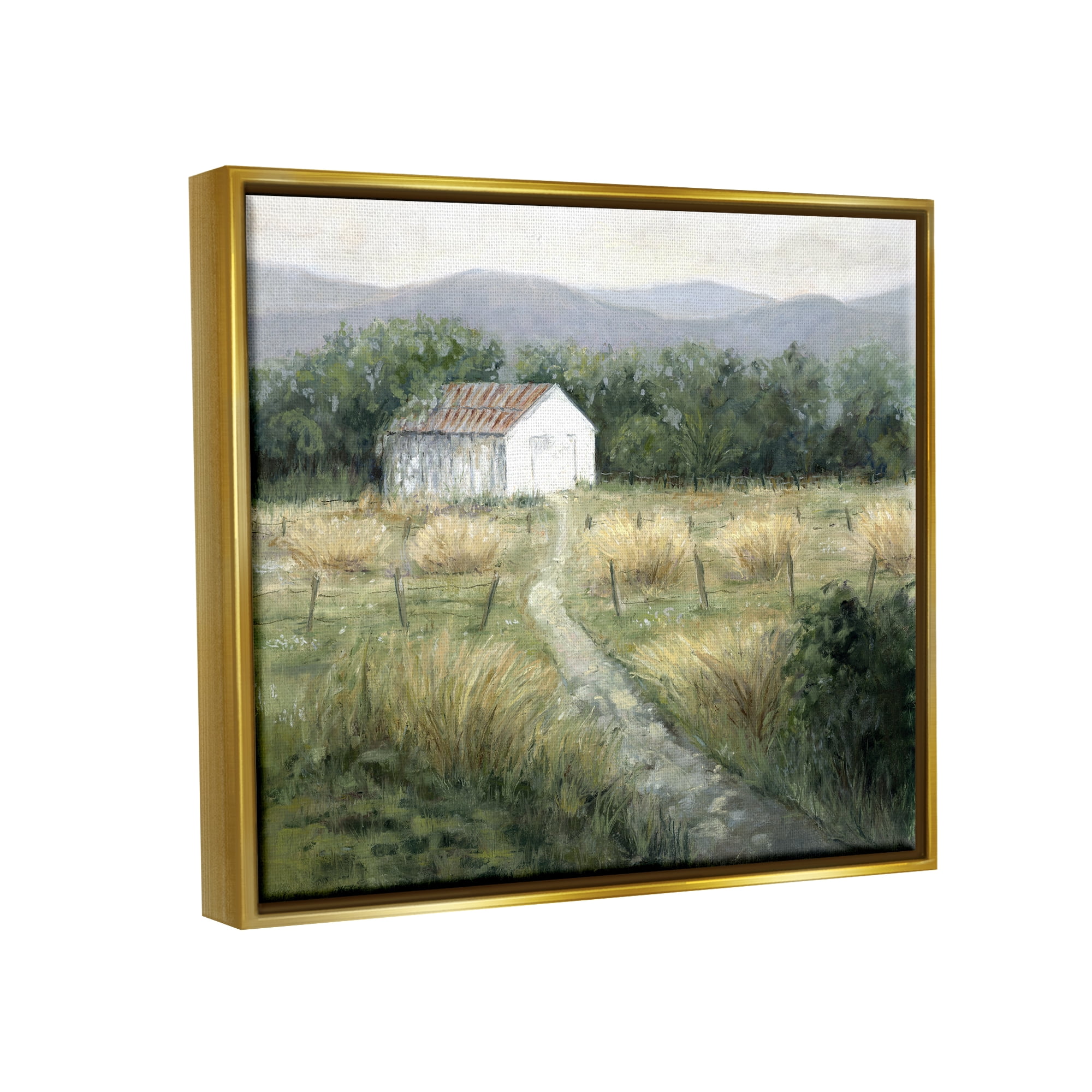 Stupell Industries Traditional White Cottage Path Landscape Painting Gold Floater Framed Canvas Art Print Wall Art, 31 x 25