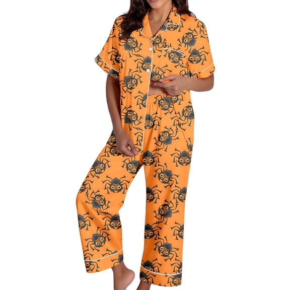 Womens Halloween Pajamas Short Sleeve Button Down Shirt Pants Casual Satin Soft Sleepwear 2 Piece Women Pajama Sets Orange L