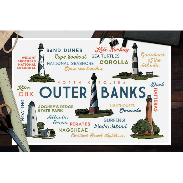 Outer Banks, North Carolina, Typography and Icons (12x18 Wall Art Poster,  Room Decor) 
