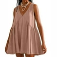 thumbnail image 2 of WIZUTIZ Beach Dresses for Women Trendy Plus High Rise Ruffled Pleated Solid Shift Dress Sleeveless V-Neck Sun Dress for Teen Girls Mini Dress Super Soft Staying at Home Dress Multi-Color, 2 of 7