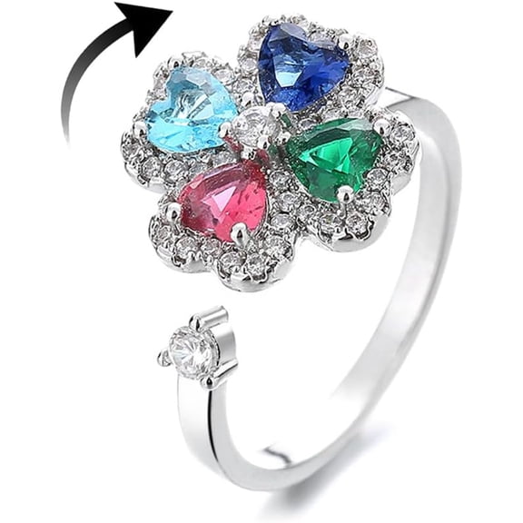Four Leaf Clover Fidget Ring for Women Sterling Silver Plated Adjustable Anxiety Relief Spinner Ring Cubic Zirconia Trendy Stackable St Patricks Day Rotatable Lucky Jewelry for Stress Relieving