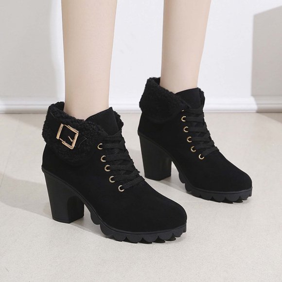 Up to 50% Off ! Aqestyerly Women Boots Winter Shoes Women's New foreign Trade Large Size Round Head Thick Heel Lace-Up Flanged Women's Leather Boots