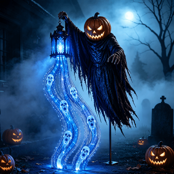 Halloween Spooky Pumpkin Soul Harvester Animated Blue Glowing Garden Light, Realistic Floating Soul Harvester with Flowing Blue Skull String Lights Decor for Garden Home Front Door Party Display