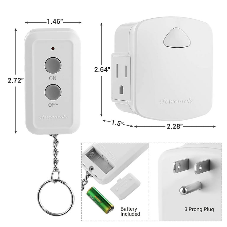 DEWENWILS Indoor Remote Control Outlet, Wireless Remote Light Switch with 2  Side Outlets, No Interference Remote Outlet Switch, No Wiring, 15A/1875W,  100ft RF Range, Compact Design, Programmable