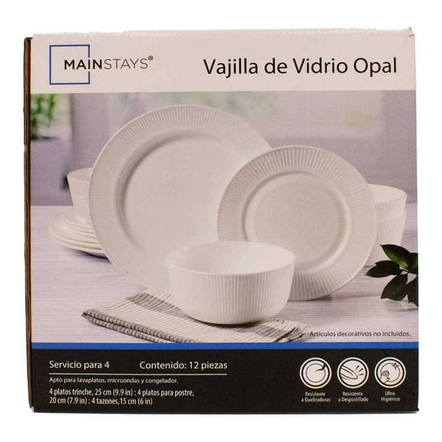 Vajilla Mainstays de Vidrio Opal Diseño de Rayas para 4 Personas 12 Piezas Blanco