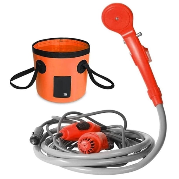 Advancent Herramientas de ducha de coche para acampar, Kit de baño para exteriores, cabeza recargable, plegable para senderismo, floración, carpas Naranja con balde
