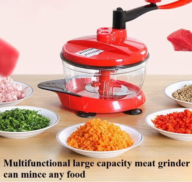 Multi-Functional Manual Food Processor - Vegetable Chopper, Garlic Press, Hand Crank Mixer with Transparent Container for Vegetables, Meat, Fruits, Nuts, Herbs, and Green Onions (Includes Base)