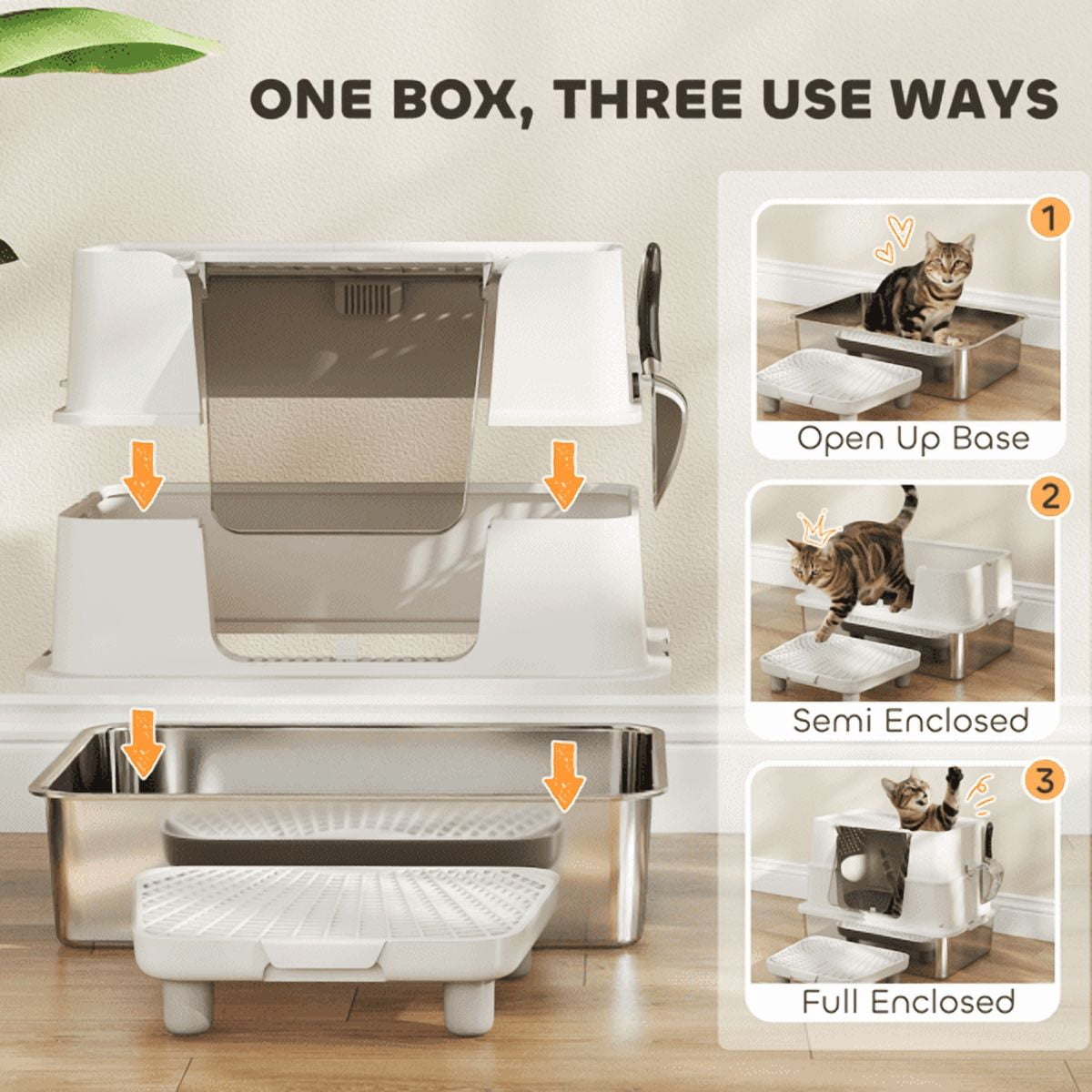 XL Stainless Steel Enclosed Litter Box for Large Cats, 3-in-1 Odor Control Cat Litter Box with Non-Stick Scoop