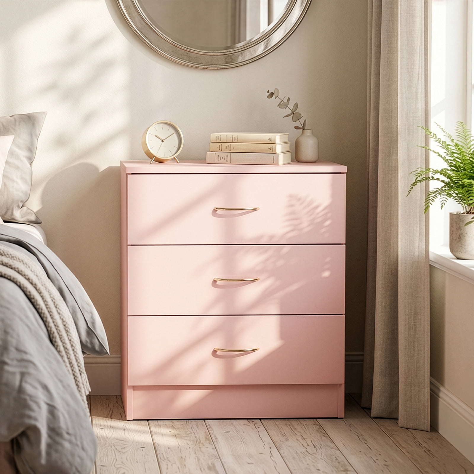 3 Drawer Dresser Modern Pink with Faux Rose Gold Handles Soft Close Drawers 22.05 in
