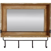 Farmhouse Wood Framed Wall Mirror for Entryway Bathroom Living Room Bedroom Wall Decor, Wall Mounted Hanging Entry Mirror with Hooks Shelf Rustic Decorative Mirror for Wall Home Decor