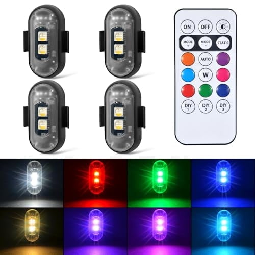 4PCS Wireless LED Strobe Lights with Remote Control,8 Colors Rechargeable Led Lights Anti-Collision LED Warning Lights for Car Motorcycle Bike Drone Aircraft