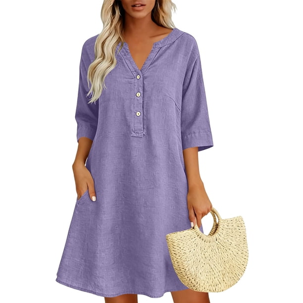 Neewe Women Summer Dress Cotton Linen Plain V Neck Half Sleeve Dress Button Down Tunic Dress Daily Outfits