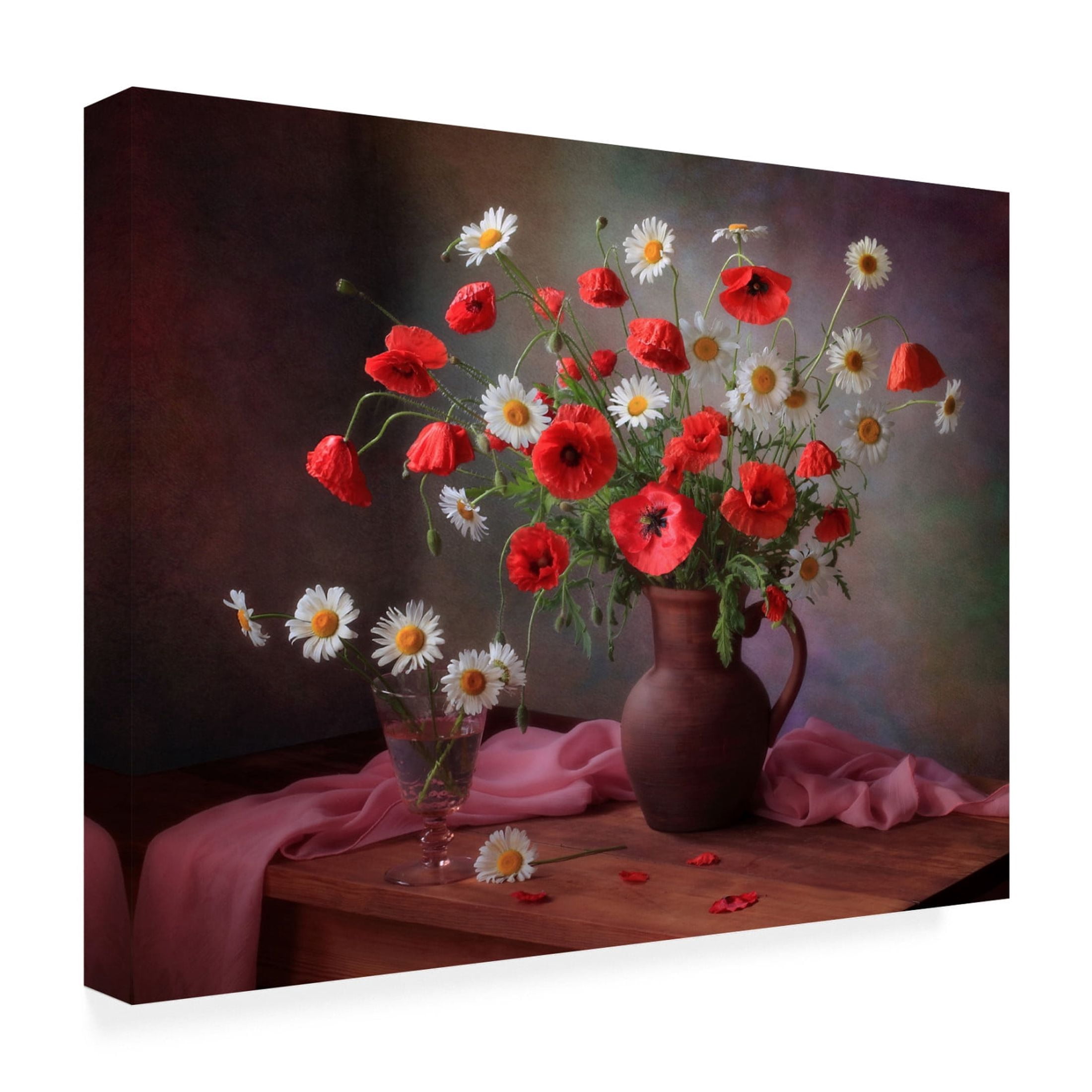 Canvas Wall Art - Tatyana Skorokhod 'Still Life With A Bouquet Of Poppies And Chamomile' Wall Art for Living Room, Bedroom, or Office Décor by Trademark Fine Art - 19 x 14 Inches