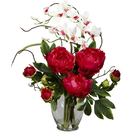 Peony and Orchid Silk Flower Arrangement, Red