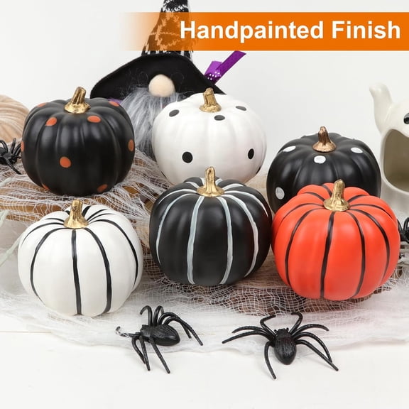 Set of 6 Halloween Orange Black White Foam Pumpkins Small Decorative Pumpkins Stripe and Dot Artificial Pumpkins Decor for Halloween Party Fall Thanksgiving Dinner Table Centerpieces