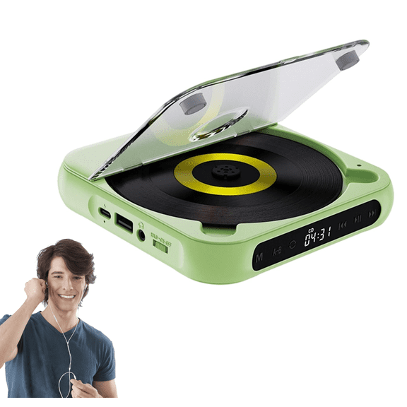 Portable Bluetooth-Compatible CD Player, 2026 New CD Player with Hi-Fi Sound, Wireless & Wired Playback, Rechargeable Battery ,Rechargeable Small CD Players for Travel, Home, Car (Green)