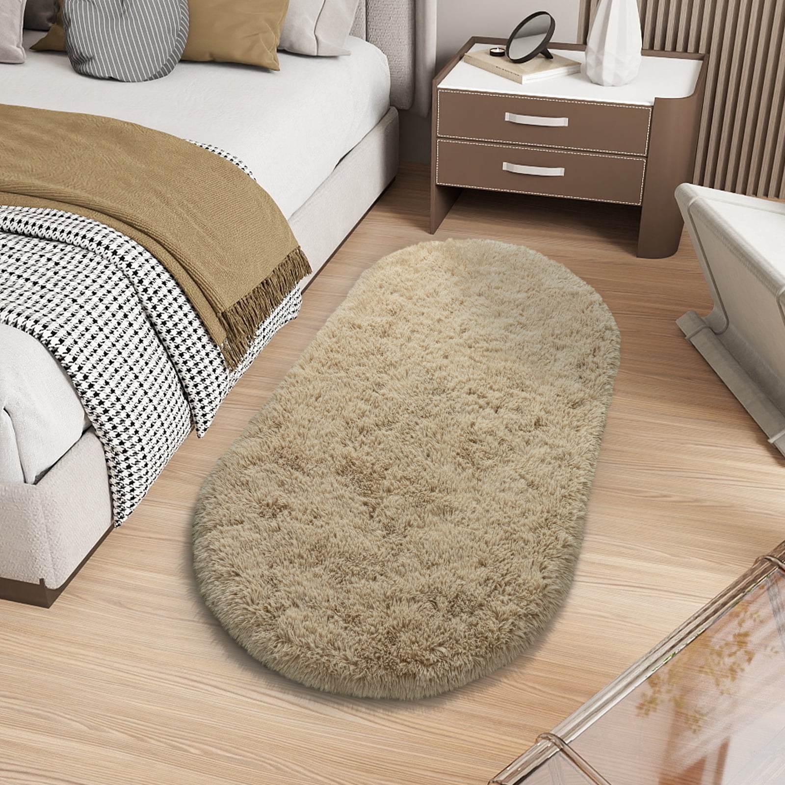ZENELESS Fluffy Oval Rug for Bedroom, Cute Furry Shaggy Bedside Carpet for Dorm Kids Room Nursery Home Decor, 2.6 x 5.3ft Camel