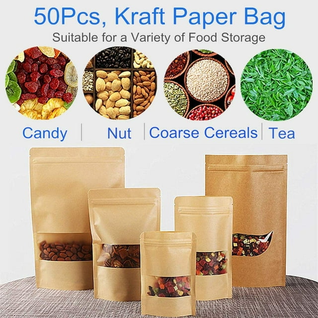 50 Pcs Sacs en Papier Kraft Autoportants, Scellage à Glissière Réutilisable avec Fenêtre Transparente Mate à Encoche, Sacs Polyvalents pour l'Entreposage des Aliments, Idéal pour Grains de Café, Noix, Biscuits. (5.9"x8.6")