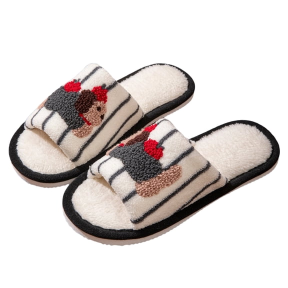 NexTorq Striped Dachshund Fuzzy Open Toe Slippers for Women Wide Large Size Slip On Indoor Bedroom House Slippers Soft Fluffy Comfort Womens Home Footwear, Black, 6