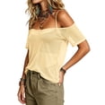 thumbnail image 6 of VBVC Women's Off Shoulder Mesh Sheer T-Shirt,Ladies Spaghetti Strap Cold Shoulder Short Sleeve Top,Party See-Through Cover Up for Women,Yellow,S-2XL, 6 of 8