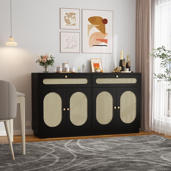 TROPOW 60” Rattan Buffet Cabinet with Storage, Sideboard Cabinet with 2 Drawers, 4 Rattan Doors and Adjustable Shelves, Coffee Bar Station Table for Dining Room, Living Room and Entry-Way