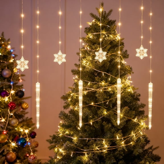 10Ft, Christmas Decorations Lights, 120 LED Snowflake Window Curtain String Lights Battery Operated Fairy Lights for Bedroom Room Party Home Xmas Tree Indoor Outdoor Decorations