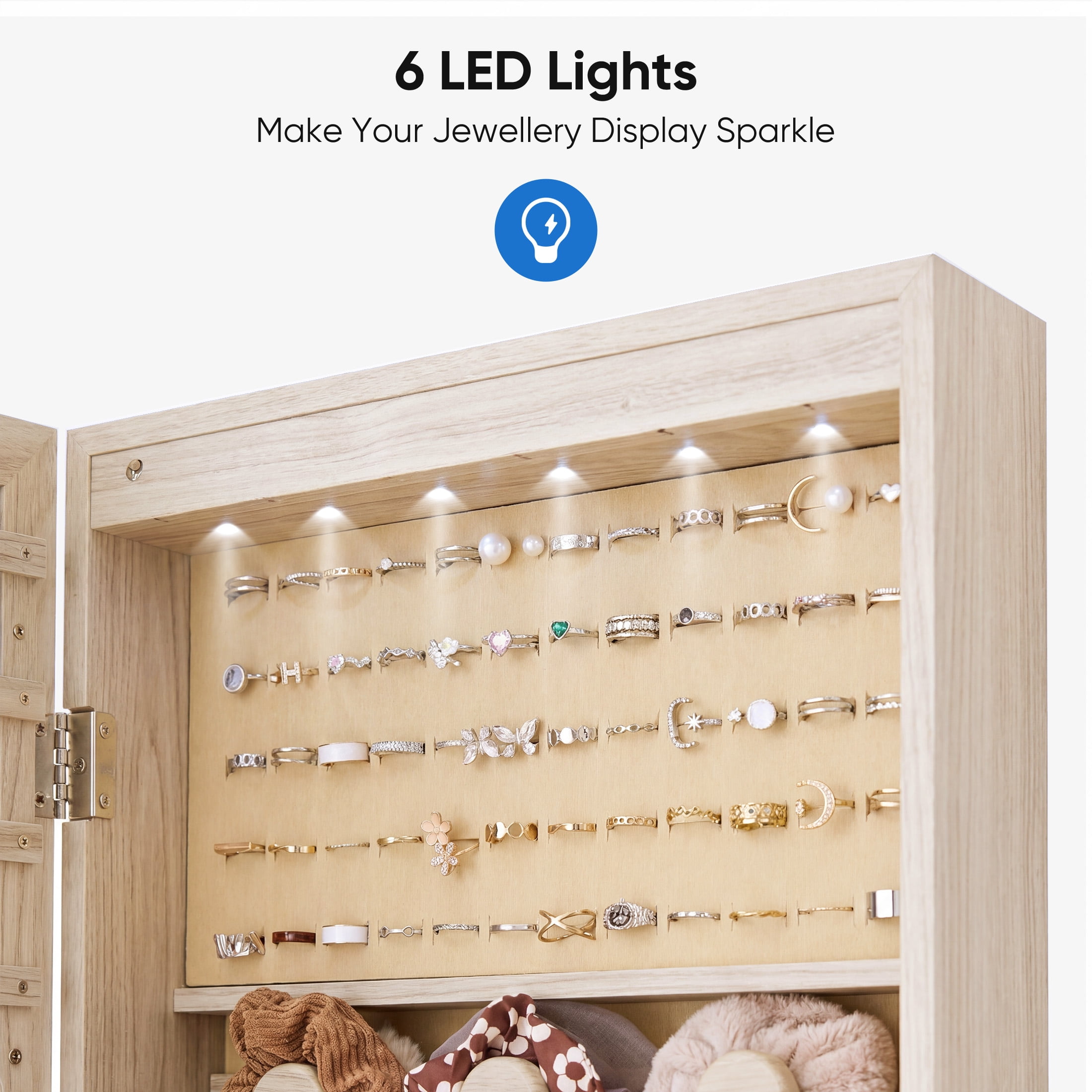edx Full-Length Mirror Jewelry Cabinet with 6 LED Lights, Wall Door Mounted Large Jewelry Armoire Organizer with Makeup Storage, Beige