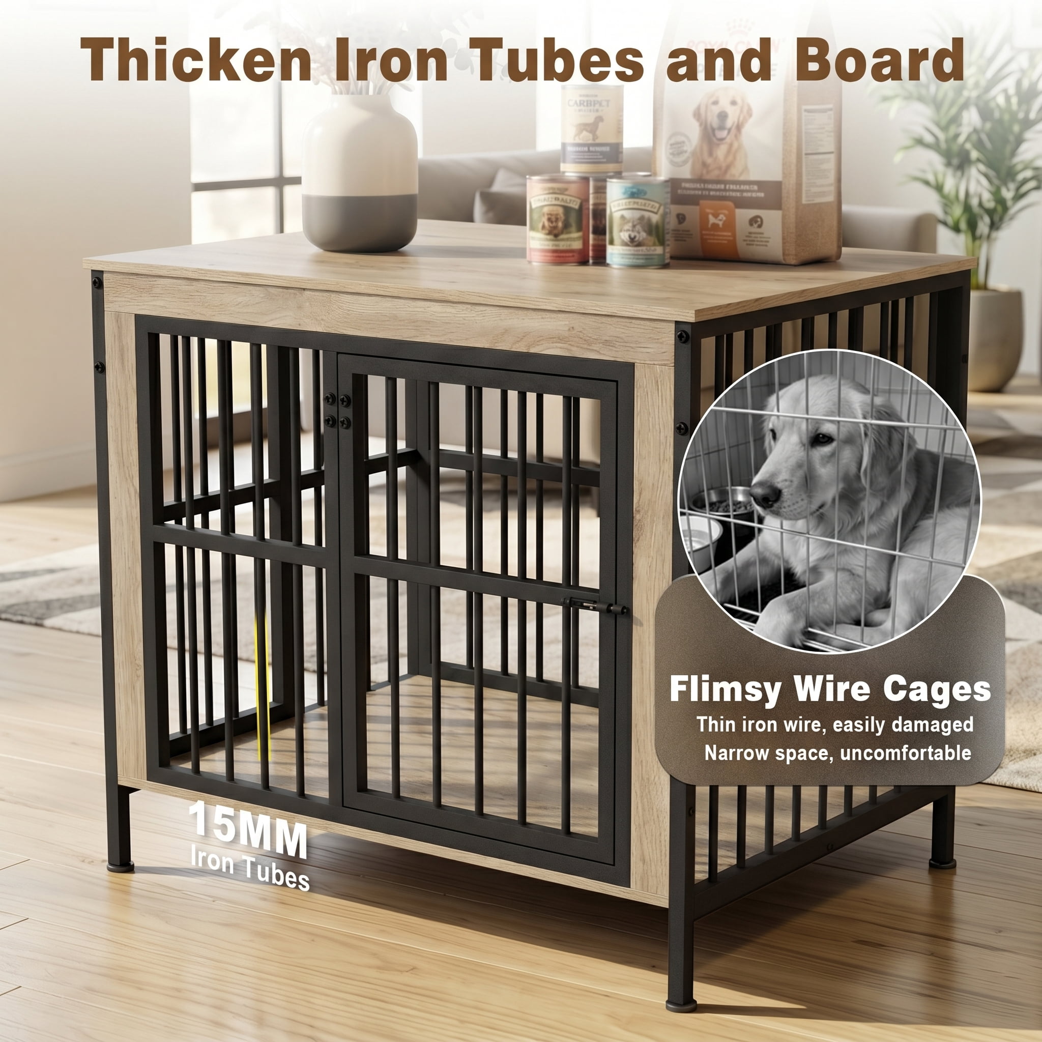 TIME RAY 39 Inch Dog Crate Furniture for Large Dog,Wood Dog Kennel Furniture Indoor with Removable Divider,Dog Cage Furniture as TV Stand,White