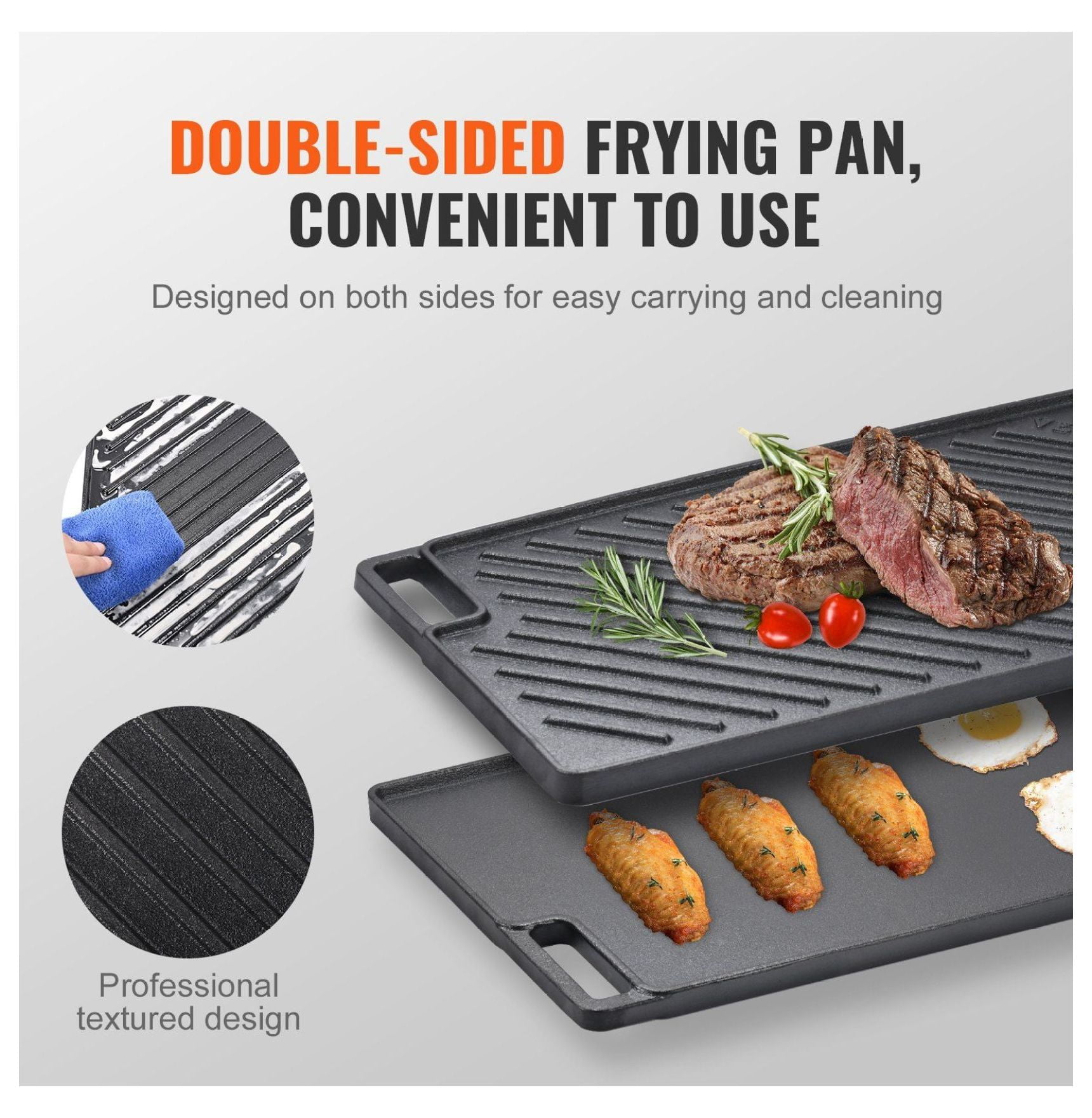Cast Iron Griddle 9.7x16.7", Pre-Seasoned Double Burner Grill Pan, Non-Stick Flat Top for BBQ, Stove Top, Gas Grill - Black