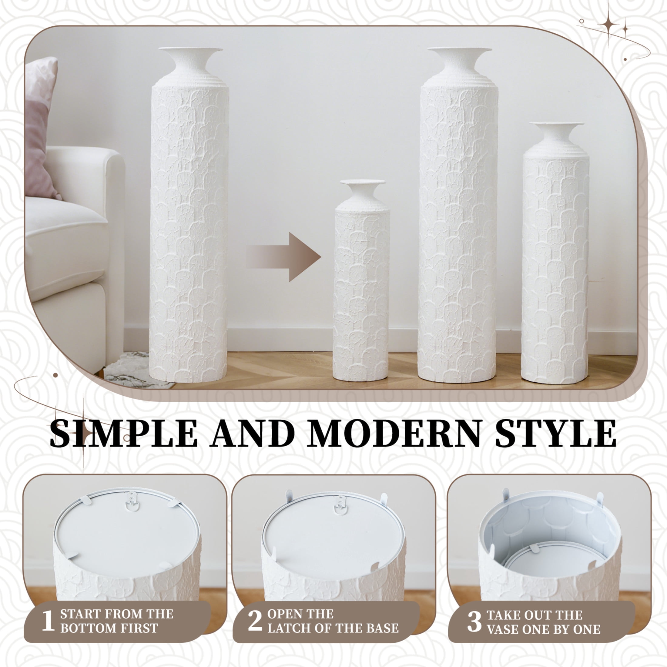 Noble House 3-Piece Metal Floor Vase Set, 33.46", 25.59", 19.69" Textured Decorative Vases, White