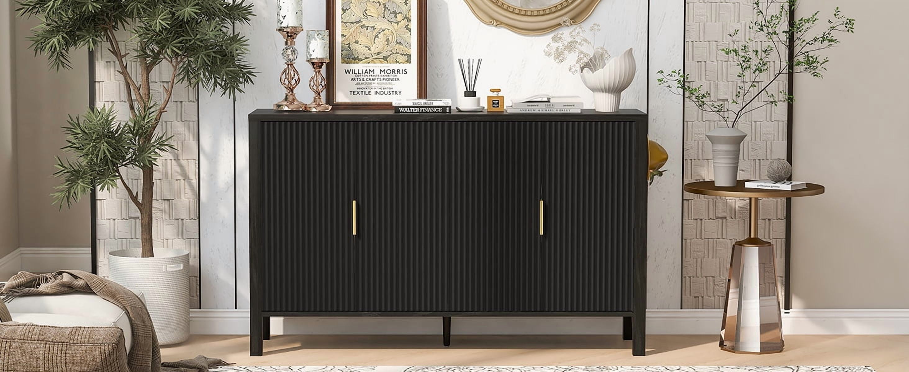 Storage Cabinet with 4 Doors, Modern Sideboard with Back-of-Door Racks & Side Hooks, Adjustable Shelves, 57.5" x 15.7" x 35.2", Black