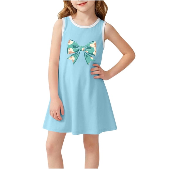 Zpanxa Girls Summer Dress Girl's Casual Sundress Floral Print Sleeveless Round Neck Dresses Blue 2 Years